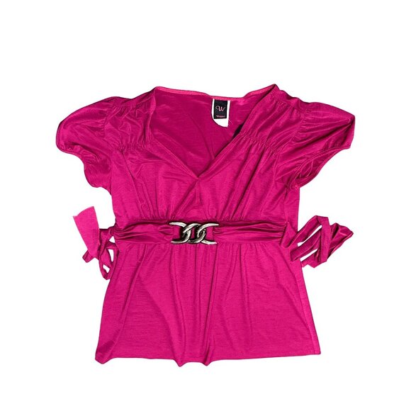 Wrapper XL Magenta Empire Waist Tunic Top Puff Sleeve Silver Buckle Y2K Glamcore - Picture 8 of 8